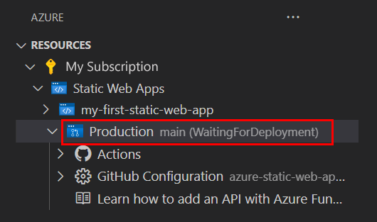 An image of the Static Web Apps extension UI, which shows a list of static web apps under each subscription. The highlighted static web app has a status of Waiting for Deployment displayed next to it.