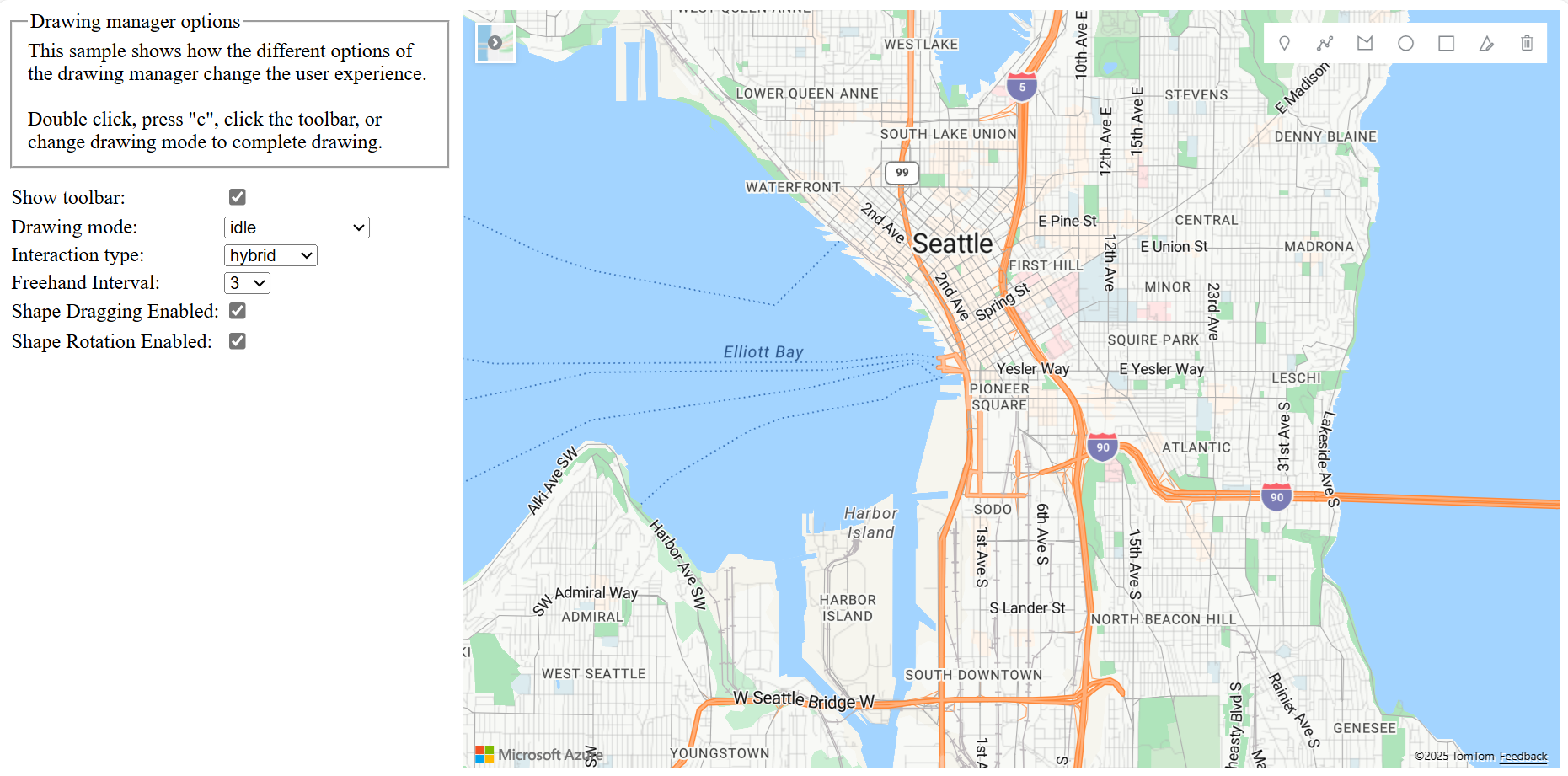 Screenshot einer Karte von Seattle mit einem Feld auf der linken Seite, das die Optionen der DrawingManager-Klasse enthält, die ausgewählt werden können, damit sichtbar wird, wie sie sich auf die Karte auswirken.