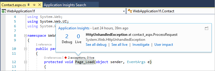 Screenshot that shows CodeLens notification of exceptions.