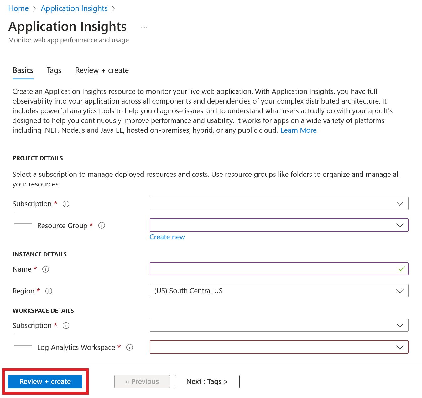 Screenshot einer arbeitsbereichsbasierten Application Insights-Ressource.