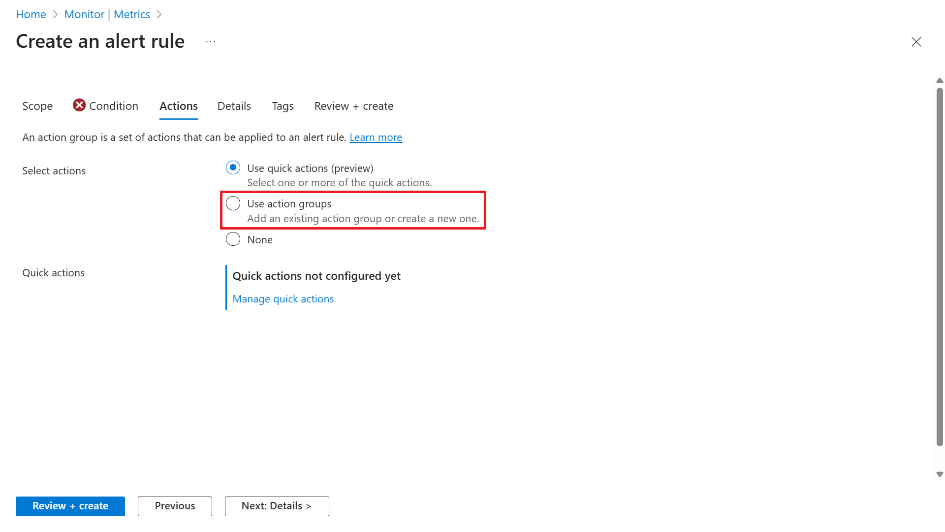 Screenshot der Option zum Verwenden von Aktionsgruppen.
