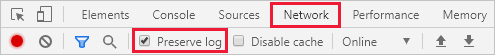 Screenshot: Hervorgehobene Option „Preserve log“ auf der Registerkarte „Network“ in Chrome