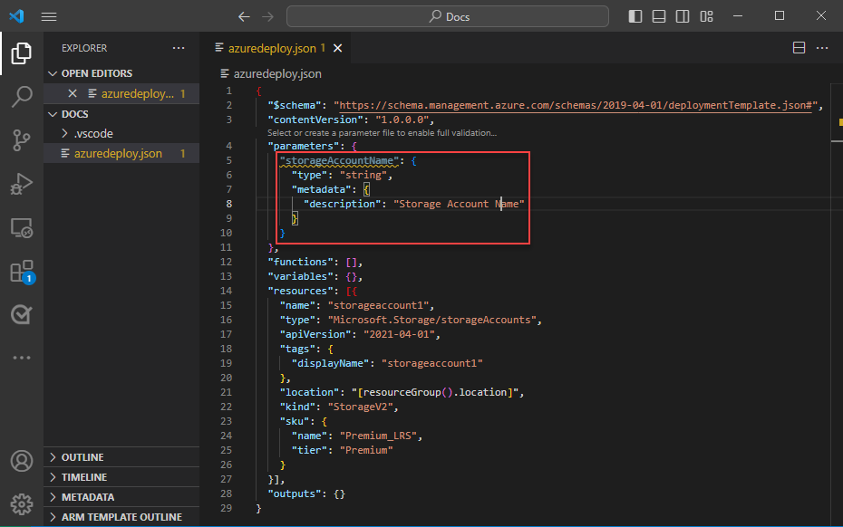 Screenshot showing the completed parameter in an ARM template.