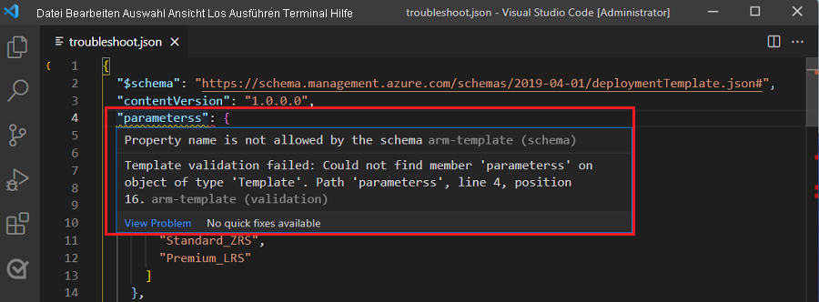 Screenshot von Visual Studio Code, der einen mit einer roten Wellenlinie hervorgehobenen Vorlagenvalidierungsfehler unter dem falsch geschriebenen 'parameterss:' im Code zeigt.