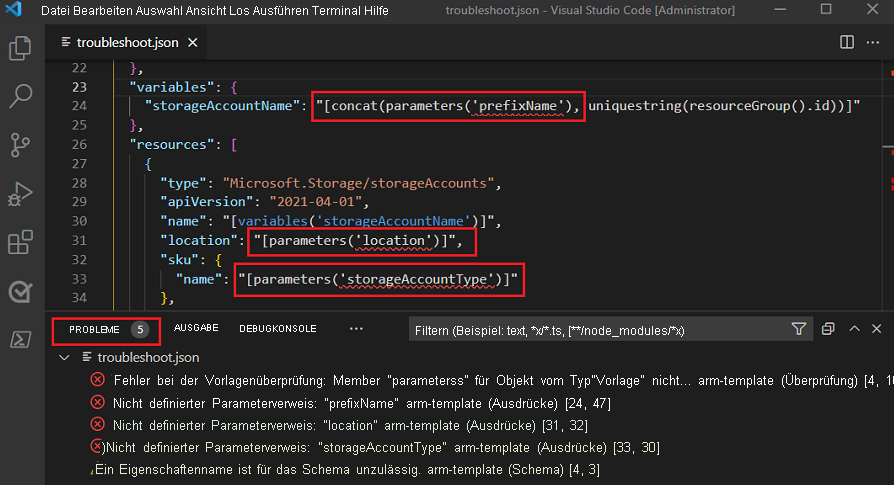 Screenshot von Visual Studio Code, der die Registerkarte „Probleme“ zeigt, die nicht definierte Parameterreferenzfehler für die Abschnitte 'variables' und 'resources' auflisten.