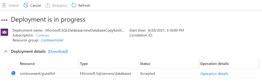 Screenshot: Bereitstellungsstatus der sekundären Datenbank