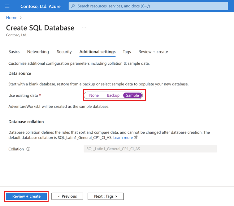 Screenshot des Bildschirms zum Erstellen einer Datenbank in Azure SQL-Datenbank mit der Registerkarte „Zusätzliche Einstellungen“, auf der Sie Beispieldaten auswählen können.