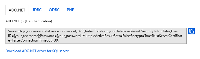Screenshot der Seite „Verbindungszeichenfolgen“ im Azure-Portal. Die Registerkarte „ADO.NET“ ist ausgewählt, und die ADO.NET-Verbindungszeichenfolge (SQL-Authentifizierung) wird angezeigt.
