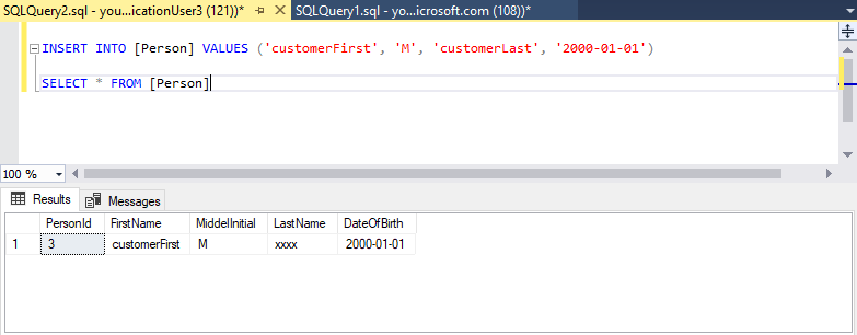 Screenshot von SQL Server Management Studio (SSMS) mit einer einfachen INSERT- und SELECT-Anweisung. Die SELECT-Anweisung zeigt maskierte Daten in der Spalte „LastName“ an.