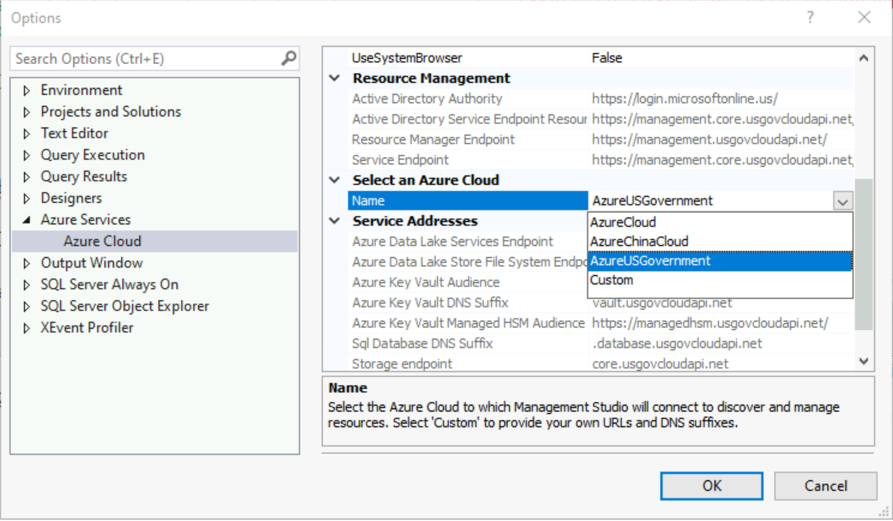 Screenshot: Die SSMS-Benutzeroberfläche mit der Seite „Optionen“, wobei die Azure-Cloud unter „Azure-Dienste“ hervorgehoben ist