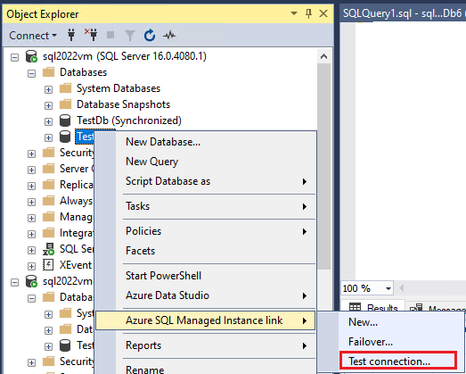 Screenshot des Objekt-Explorers in S S M S S, wobei die Testverbindung im Kontextmenü der Datenbankverknüpfung ausgewählt ist.