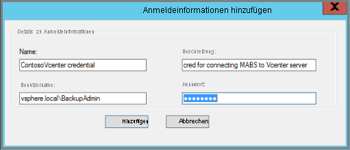 Screenshot showing the credential details in Azure Backup Server.