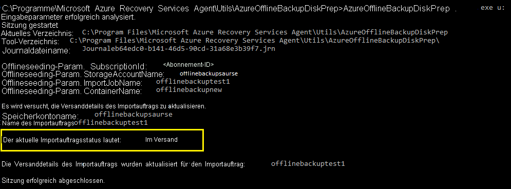 Screenshot: Überprüfen des Status des Importauftrags