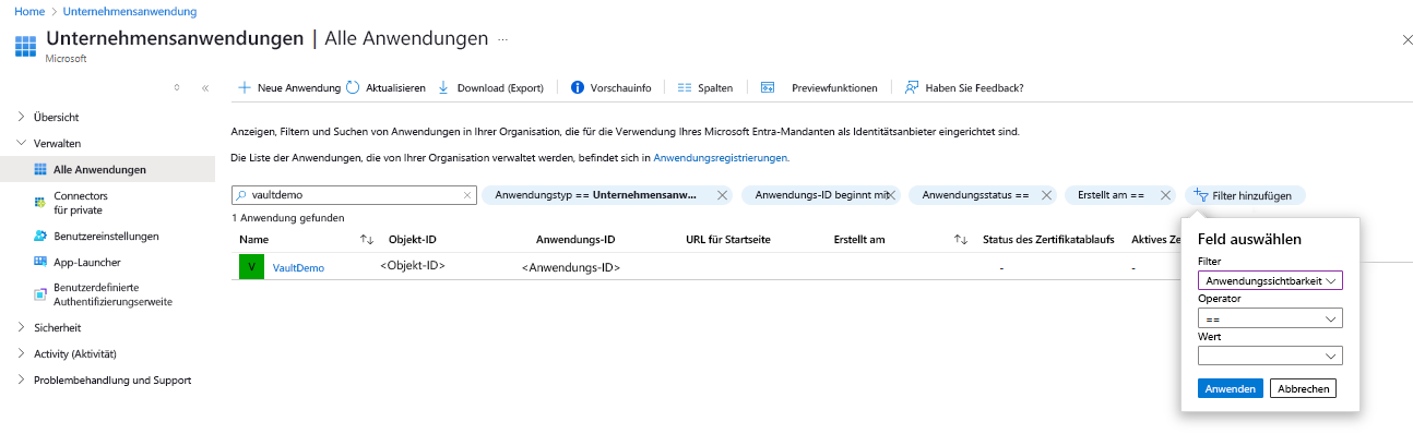 Screenshot des Prozesses zum Kopieren der Anwendungs-ID des Tresors.