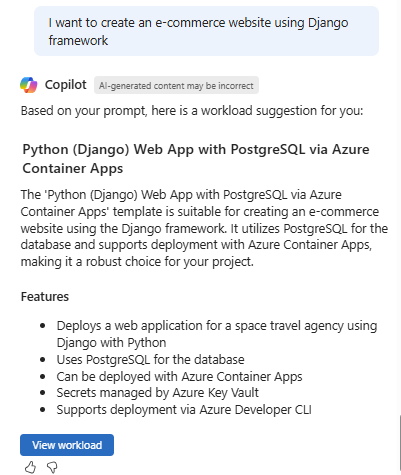 Screenshot eines Beispiels für eine Vorlagenempfehlung von Azure Copilot.