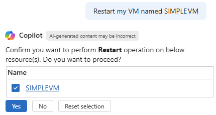 Screenshot von Azure Copilot, der auf eine Anforderung zum Neustart einer VM reagiert.