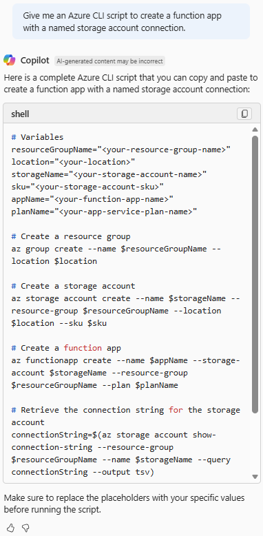 Screenshot von Azure Copilot, der ein Azure CLI-Skript zum Erstellen einer Funktions-App mit einem verbundenen Speicherkonto bereitstellt.