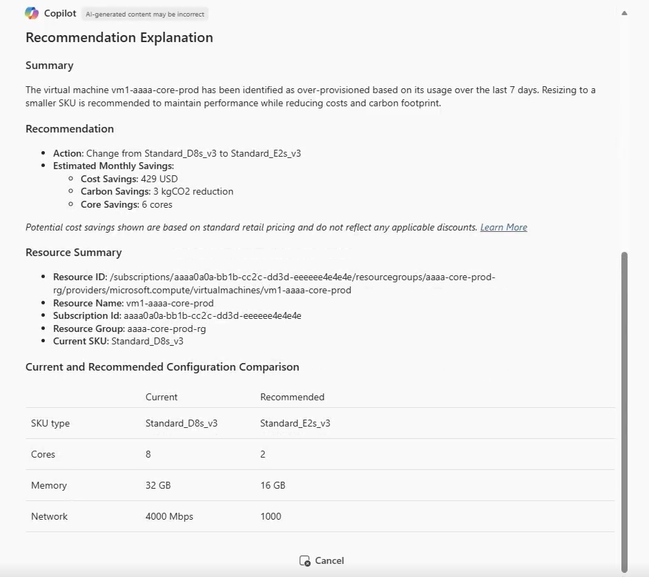 Screenshot von Azure Copilot, der eine Optimierungsempfehlung bereitstellt.