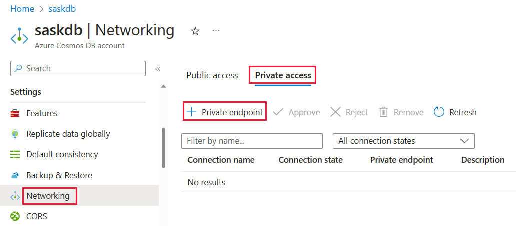 Screenshot der Auswahlmöglichkeiten zum Erstellen eines privaten Endpunkts im Azure-Portal