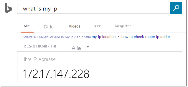 Screenshot der Bing-Suche nach „Was ist meine IP-Adresse“