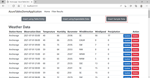 Screenshot: Anwendung mit der Position der Schaltfläche zum Einfügen von Beispieldaten.