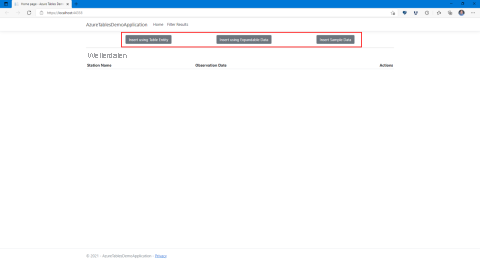 Screenshot: Anwendung mit der Position der Schaltflächen zum Einfügen von Daten in Azure Cosmos DB mit der API für Table