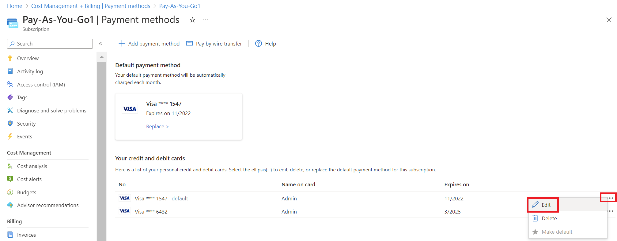 Screenshot: Befehl „Bearbeiten“ für eine Kreditkarte