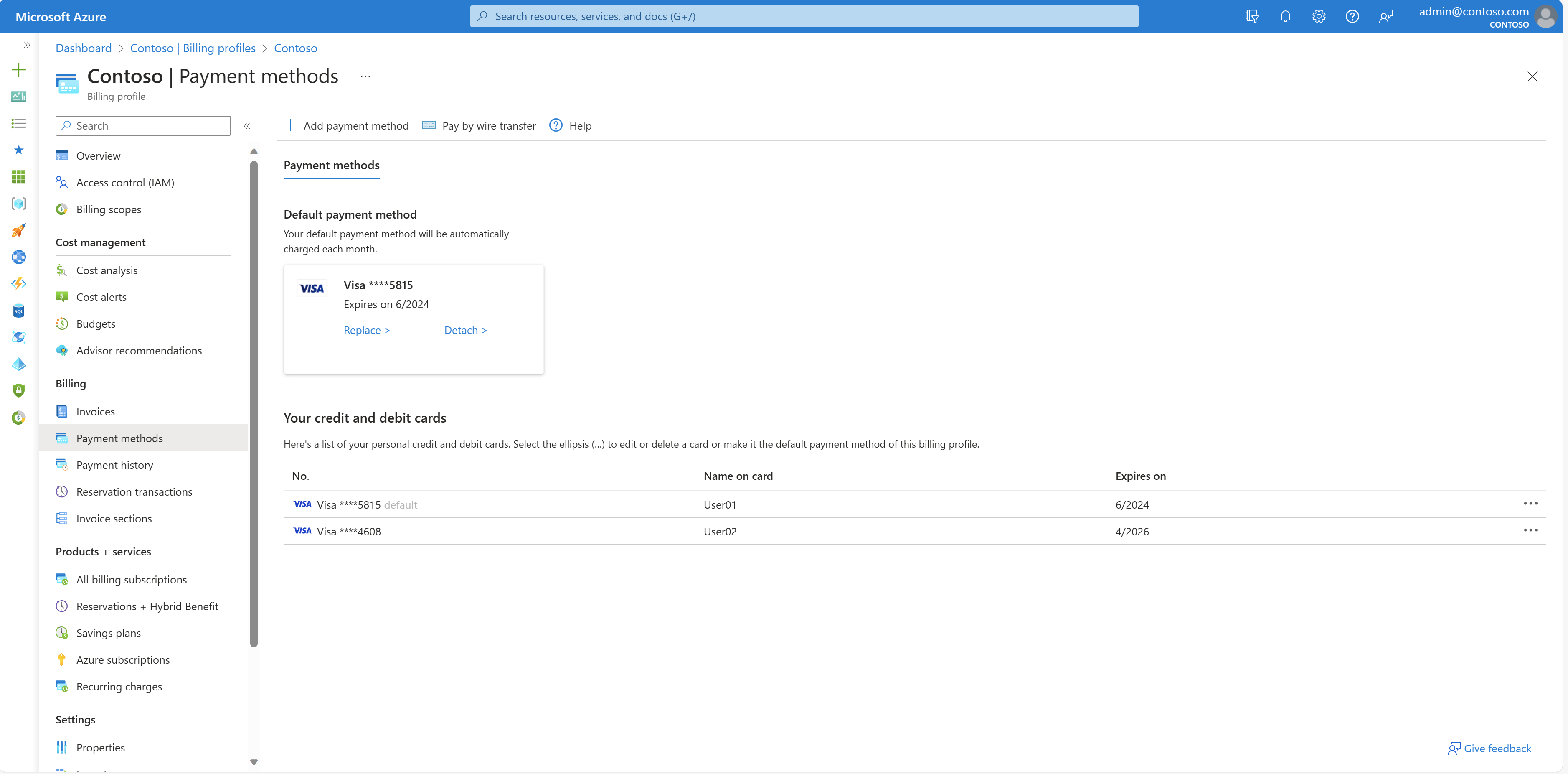Screenshot: Bereich zum Anzeigen der Zahlungsmethoden im Azure-Portal