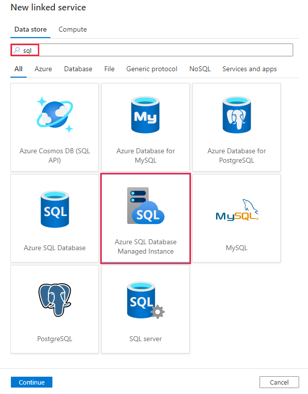 Ein Screenshot, der den von Azure SQL Server verwalteten Instanz-Connector zeigt.