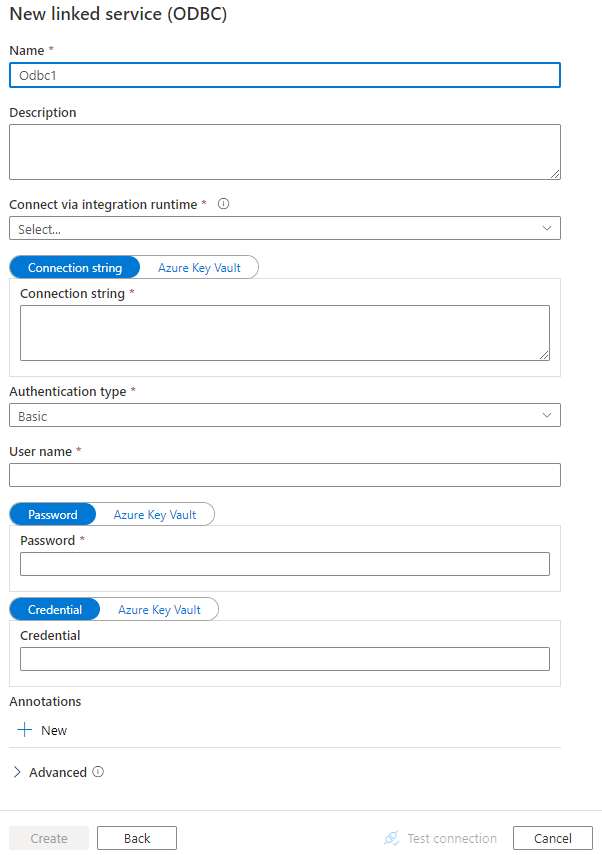 Screenshot von der Konfiguration des verknüpften Diensts für einen ODBC Datenspeicher.