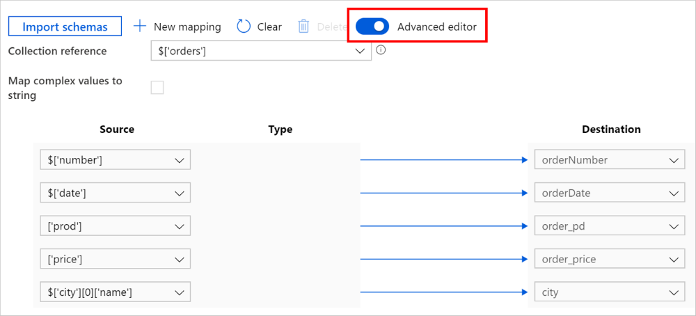 Zuordnung von hierarchisch zu tabellarisch mithilfe des erweiterten Editors