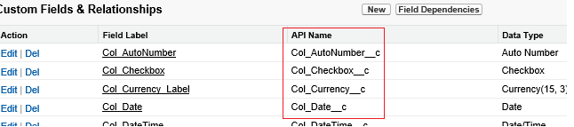 Eine Liste der API-Namen für die Salesforce-Verbindung