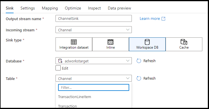 Screenshot: „workspace db“ ist ausgewählt.