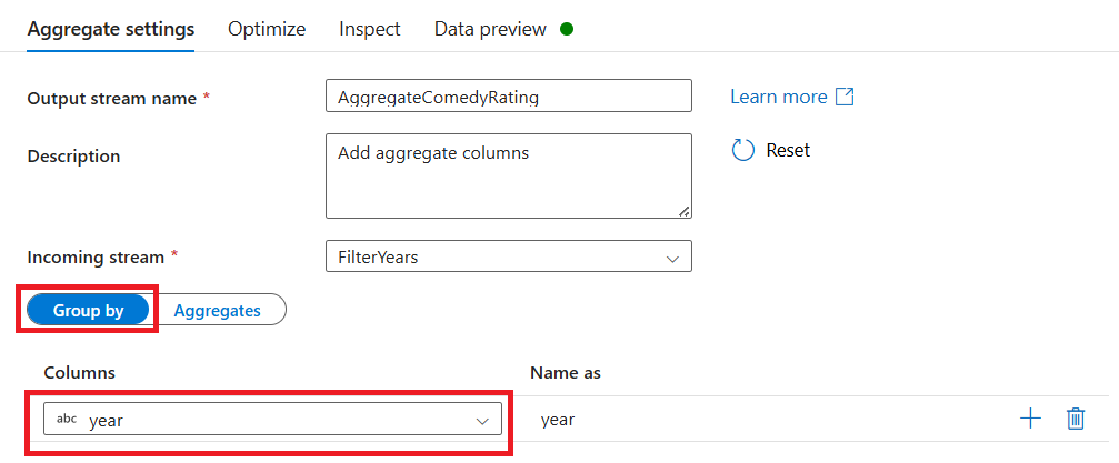 Screenshot der Option „year“ auf der Registerkarte „Gruppieren nach“ unter „Aggregateinstellungen“