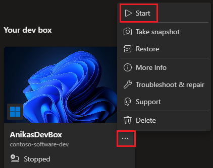 Screenshot des Entwicklerportals mit dem Aktionsmenü für eine gestoppte Entwicklungsbox.