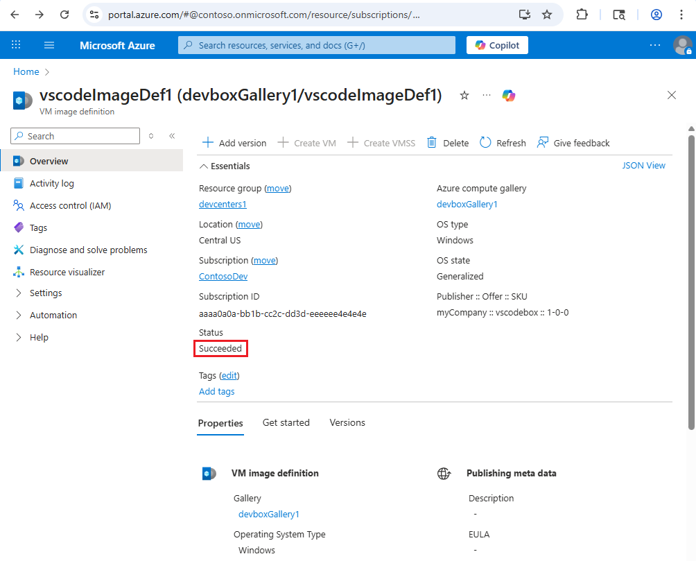 Screenshot that shows the provisioning state of the customized image version.