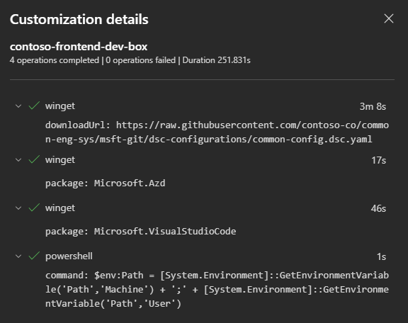 Screenshot des Bereichs „Anpassungsdetails“ mit den Anpassungen, die auf die Dev-Box angewendet wurden.