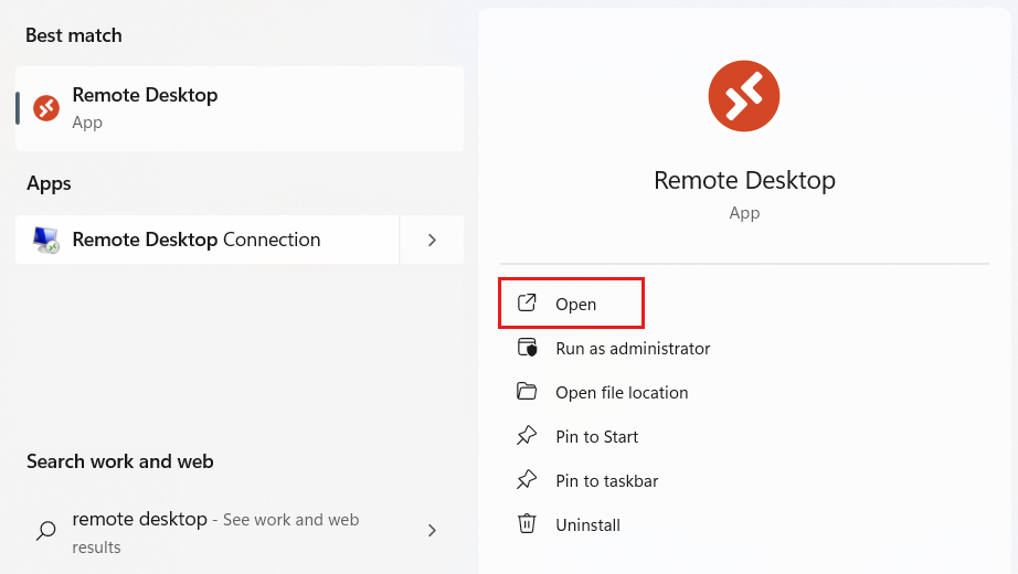 Screenshot: Windows 11-Startmenü mit Remotedesktop und hervorgehobener Option „Öffnen“