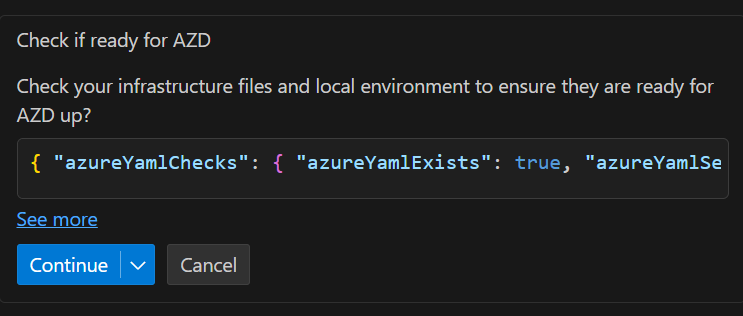 Screenshot des GitHub Copilot-Chatbereichs, der Dateien und die lokale Umgebung überprüft, um sicherzustellen, dass sie für azd up bereit sind.