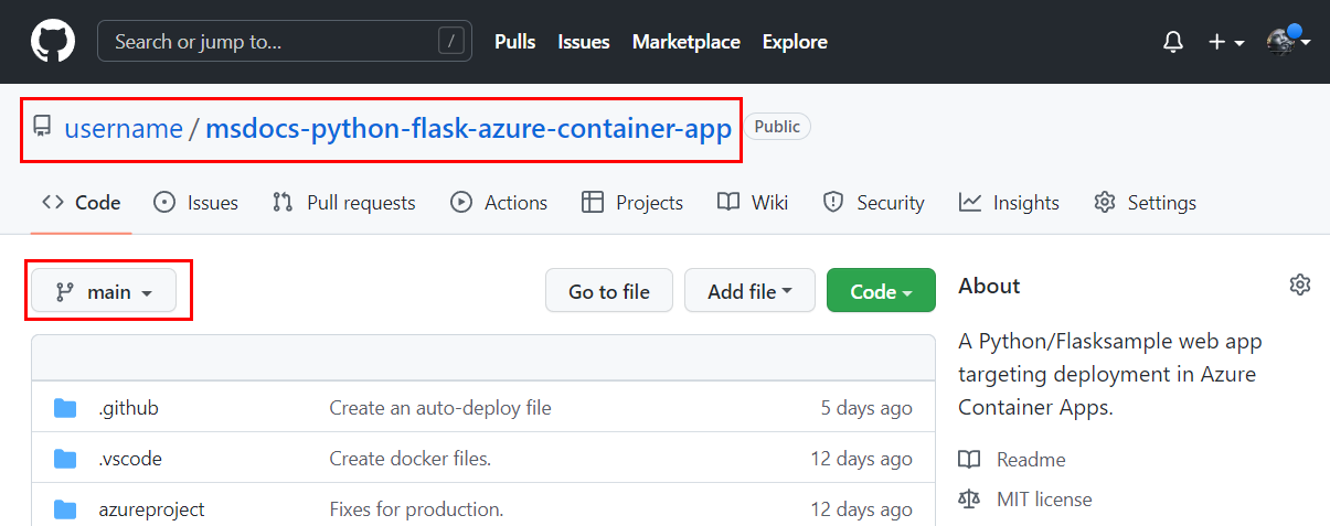 Screenshot, der den Hauptzweig in einem Fork des Beispiel Repos zeigt.