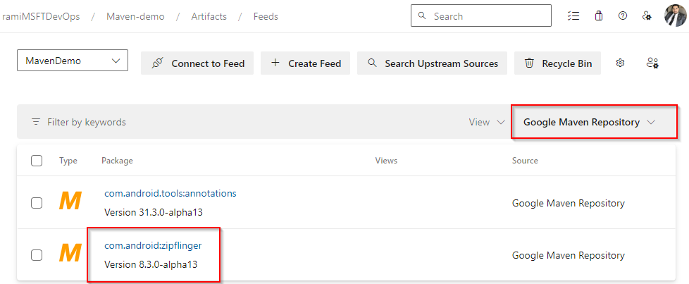 Screenshot mit Paketen aus dem Google Maven Repository.