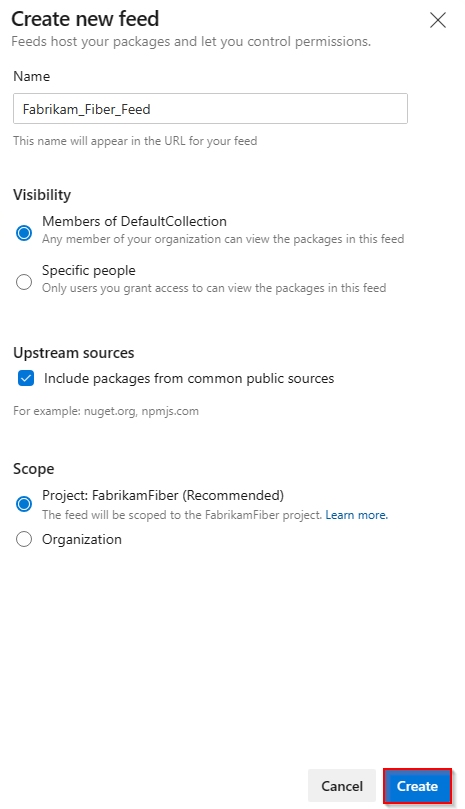 Screenshot, der zeigt, wie Sie einen neuen Feed in Azure DevOps 2020 erstellen.