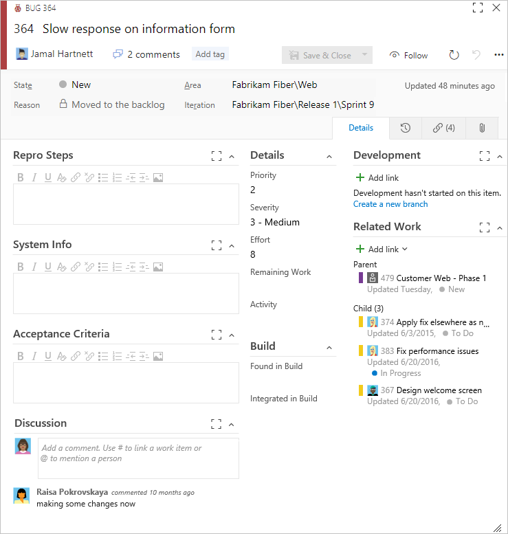 Screenshot des Arbeitselementtyps „Fehler“, Formular für Scrum-Prozess, Azure DevOps Server 2019 und TFS 2018.