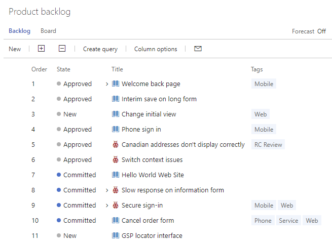 Screenshot: Product Backlog – Ansicht mit hinzugefügter Spalte „Tags“