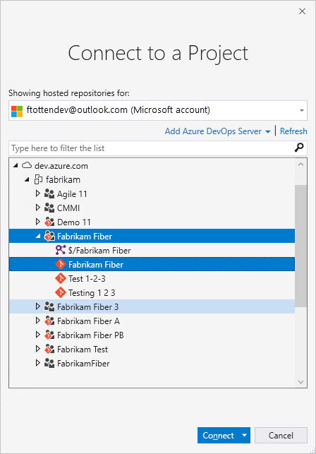 Screenshot of Connect to a Project dialog box.