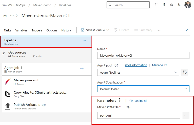 Screenshot, der zeigt, wie vorhandene Prozessparameter in einer klassischen Pipeline konfiguriert werden.