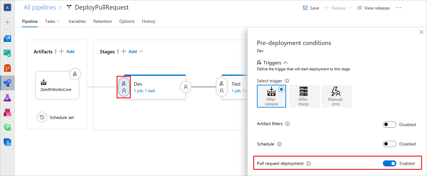 Screenshot: Aktivieren einer Pull Request-Bereitstellung für eine bestimmte Stage.