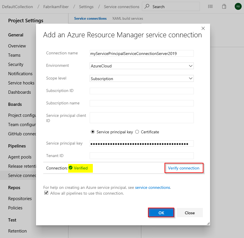 Ein Screenshot, der zeigt, wie man eine neue ARM-Dienstverbindung mit Hilfe des Dienstprinzipals in Azure DevOps Server 2019 erstellt.