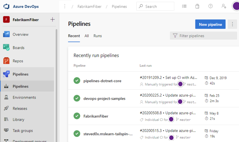 Startseite von Azure Pipelines