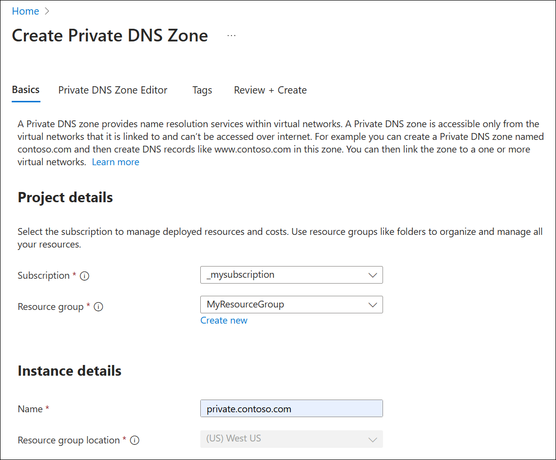 Screenshot: Erstellen einer privaten DNS-Zone.